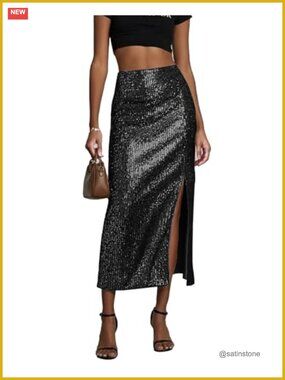 Sequin Midi Skirt, Sparkly High Waisted Bodycon Pencil Skirt with Slit and